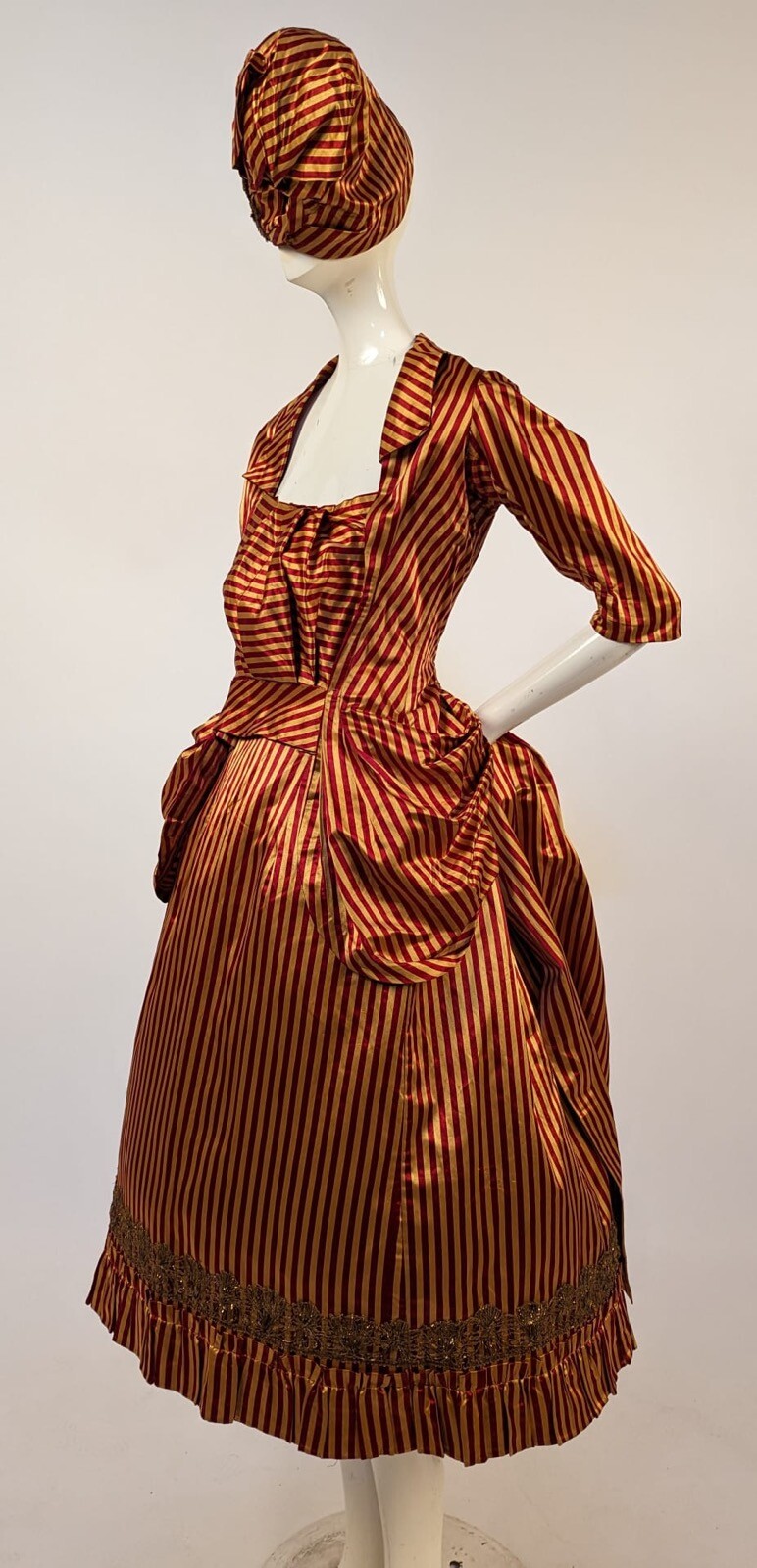 1880’S VICTORIAN FRENCH REVOLUTION BASTILLE DAY BUSTLE DRESS W TIPPED CAP