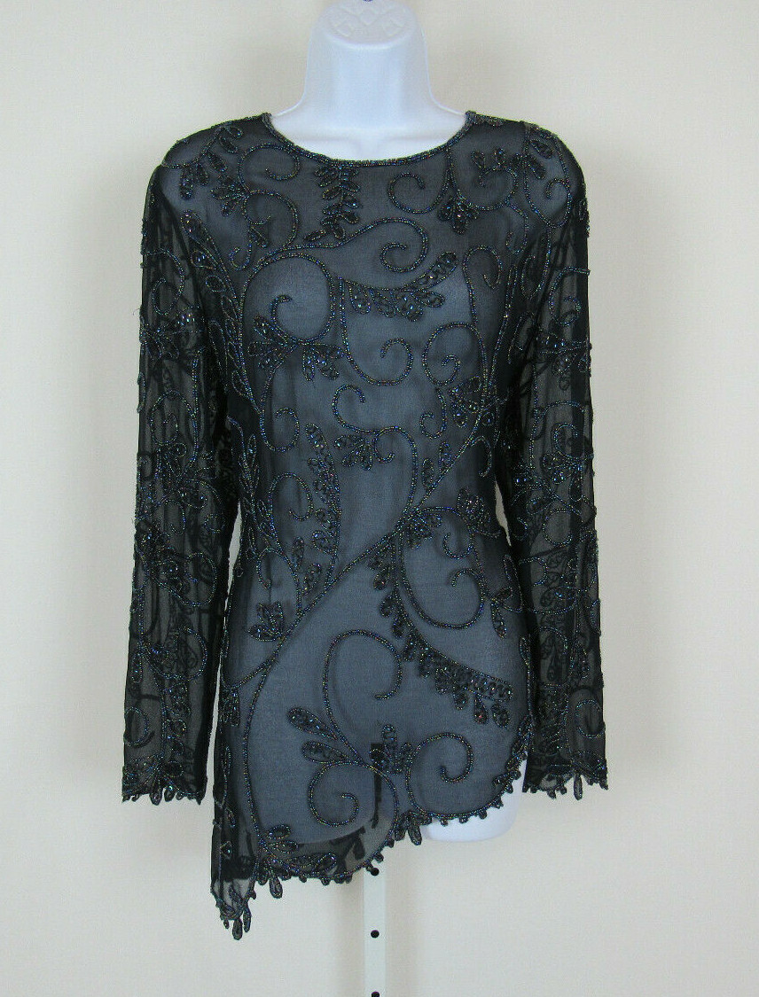 VTG 1990s 2000s JKARA BLACK POLY FLORAL BEADED TOP SIZE 14P ANGLED BOTTOM HEM