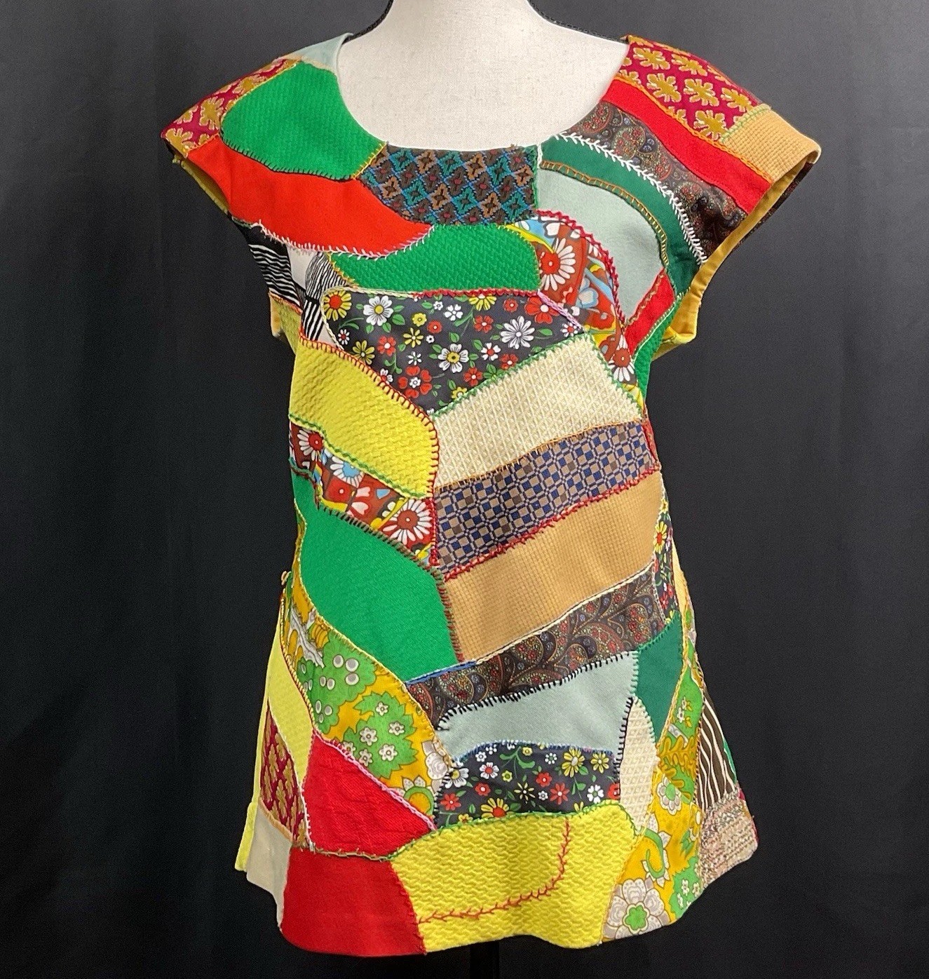 Vintage Patchwork Quilted Shirt 19” Bust Handmade 70’s Hippie Boho Kitschy Lined