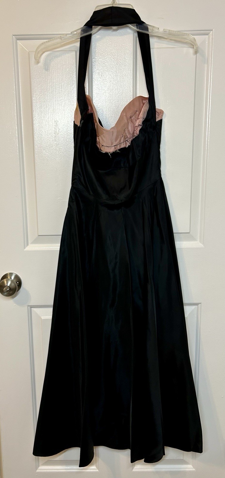VTG 1950s SZ S Handmade black Satin acetate halter dress Pink Trim NEEDS REPAIRS