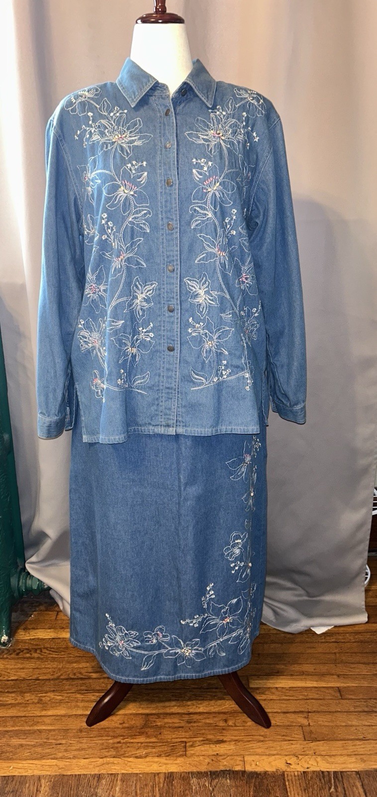 Vintage Cottagecore Embroidered Denim Two-Piece Maxi Set Women&rsquo;s