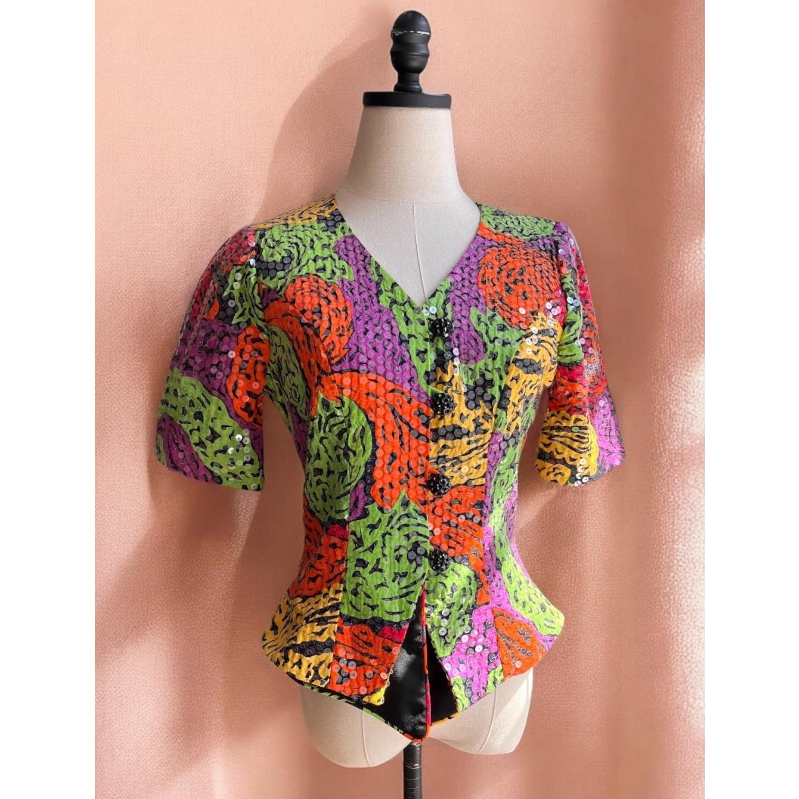 Vintage 80s Sequin Jacket Top | Neon Psychedelic Print Puff Sleeve Tailored |S/M