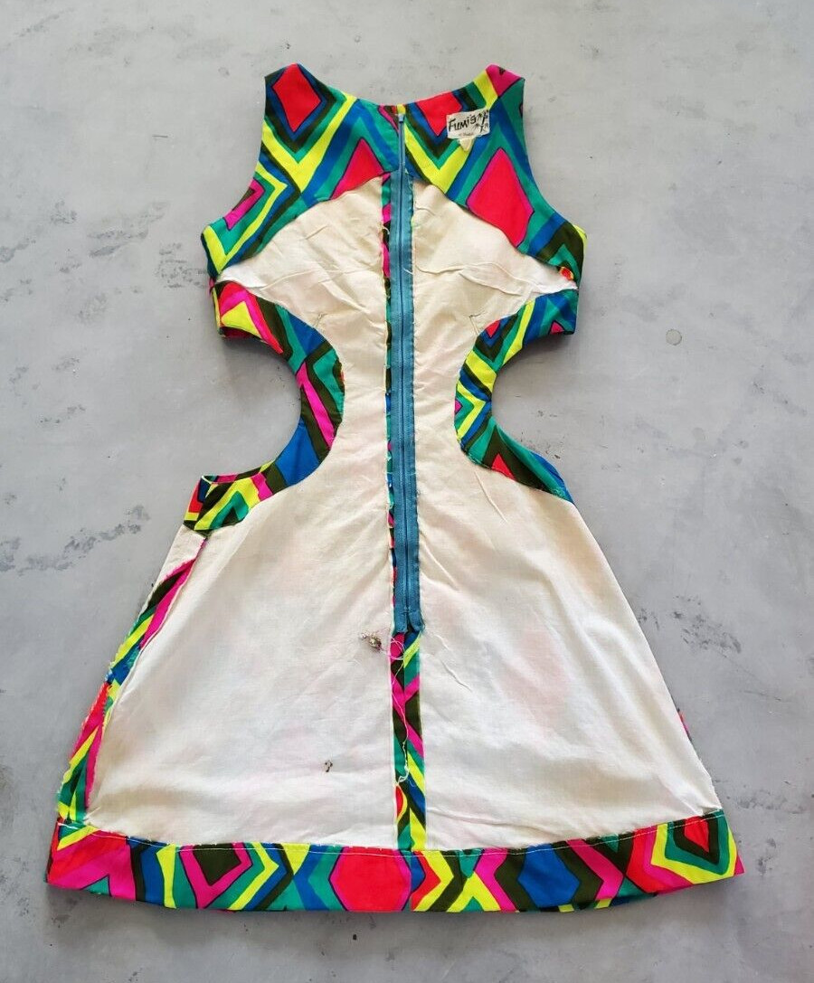 Vintage 60s PSYCHEDELIC Cutout Cotton Geometric Mini MOD GO-GO Beach Sun Dress S