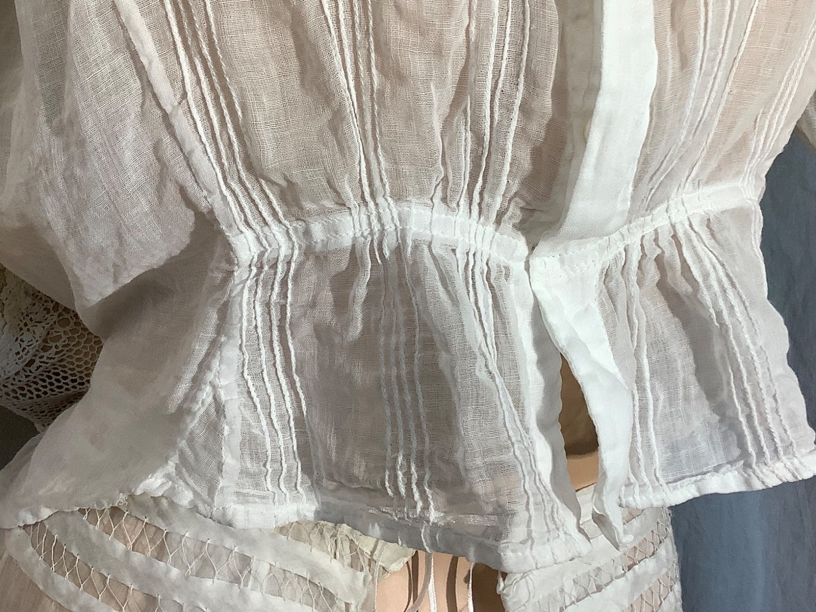 antique Edwardian blouse Top white Cotton lace M heirloom High neck 3/4 sleeve