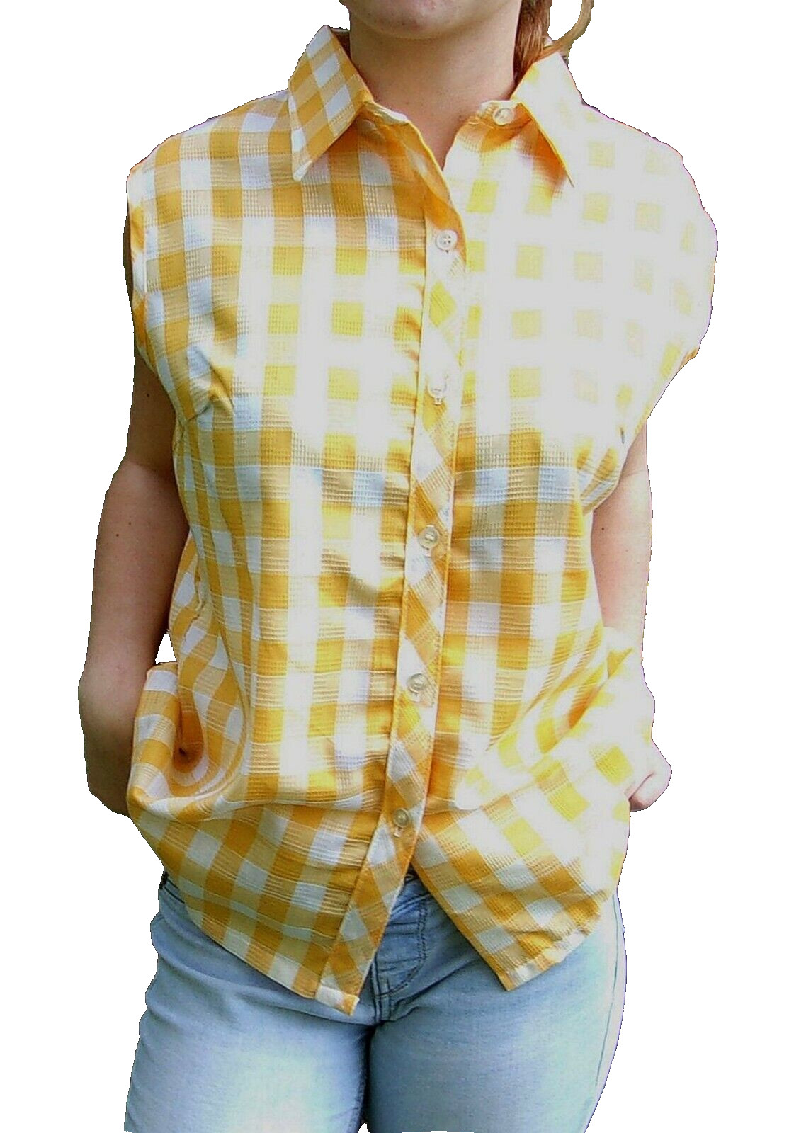 VTG 1980s Womens Size 13/14 Yellow Check MISS FASHIONALITY Button Up Shirt Top