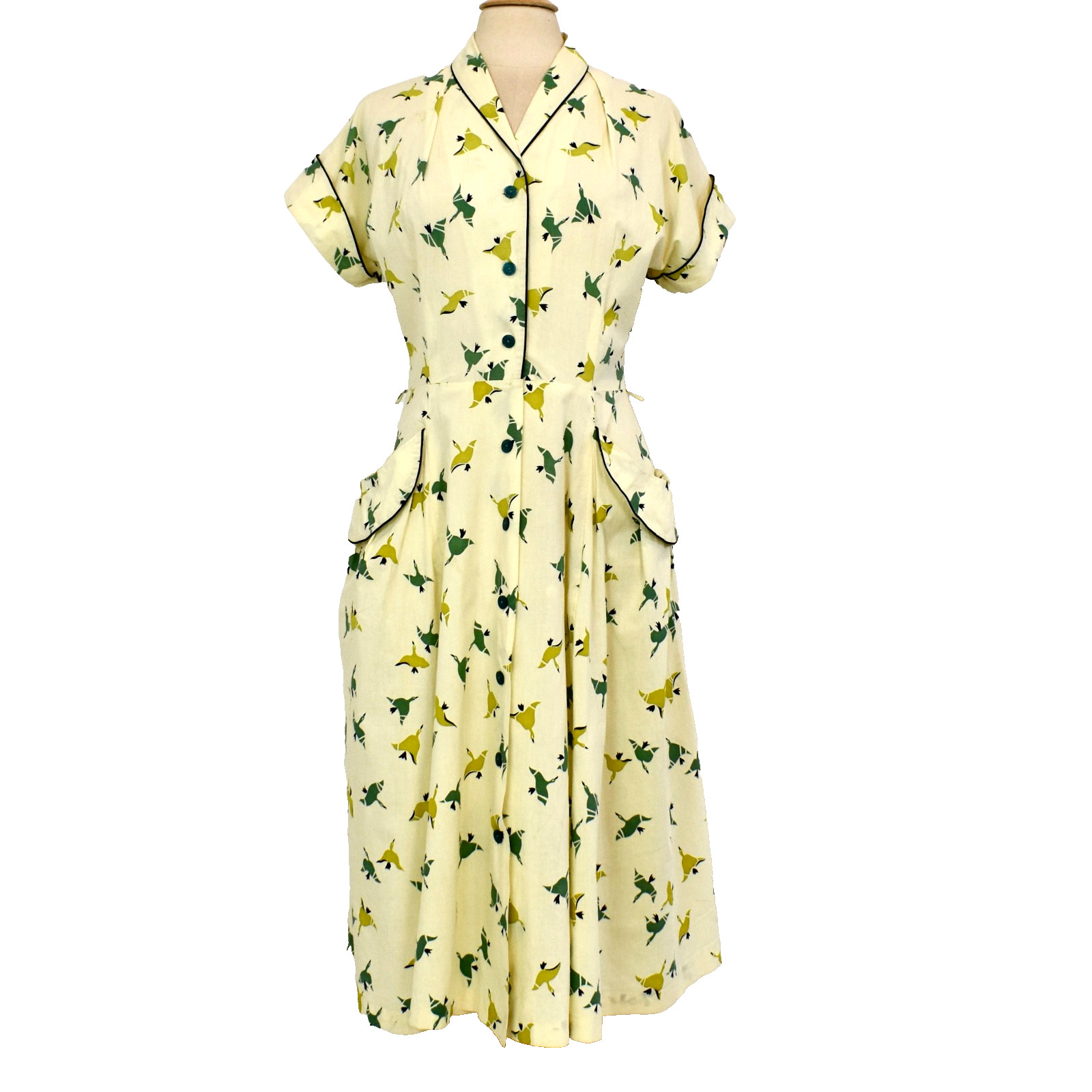 Vtg 40- 50s Day Dress/House Dress Butter Yellow Novelty Bird Print Geese L