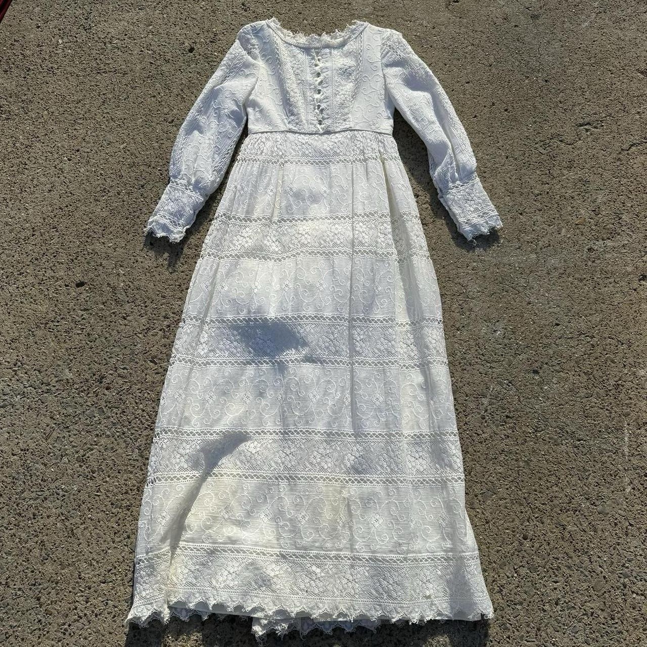 Vintage 60s 70s Crochet Wedding Dress Maxi Boho Hippie Long Sleeve