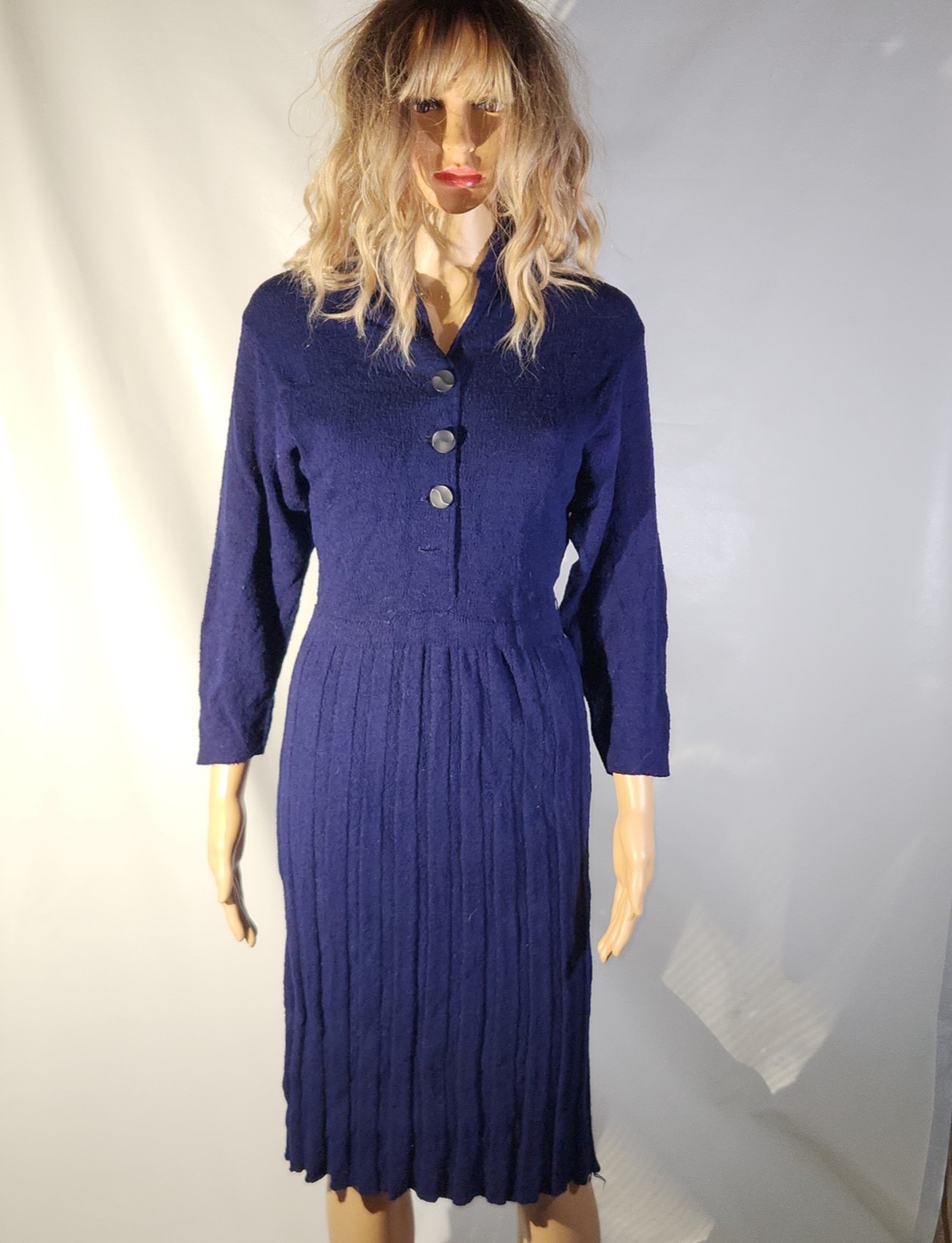 Vintage 1950s Wool Rayon or Nylon Knitted Sweater Dress Skirt Blue MCM 50s