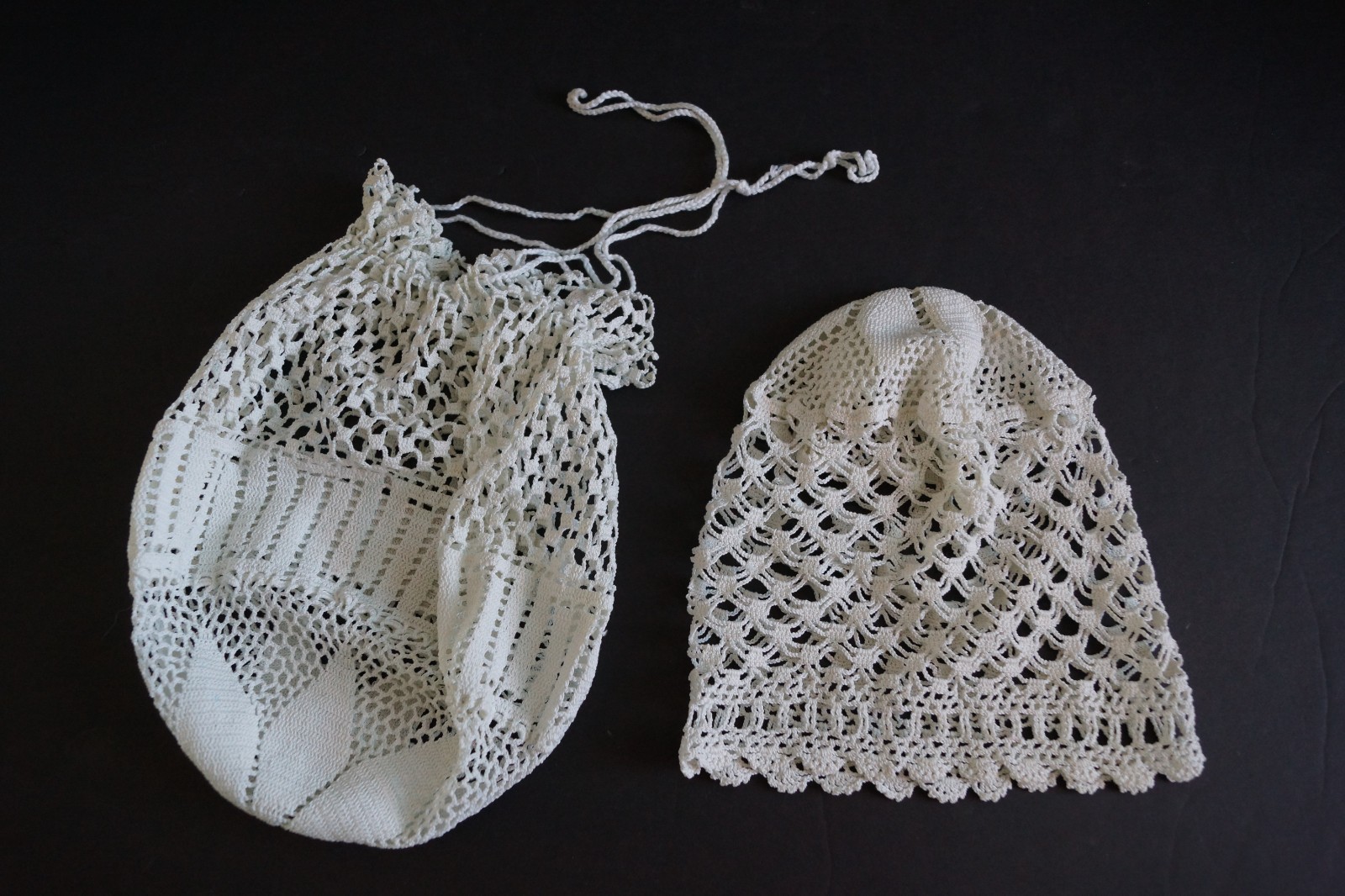Vintage Crocheted Boudoir Night Cap Sleep Cap Bonnet & Matching Drawstring Bag