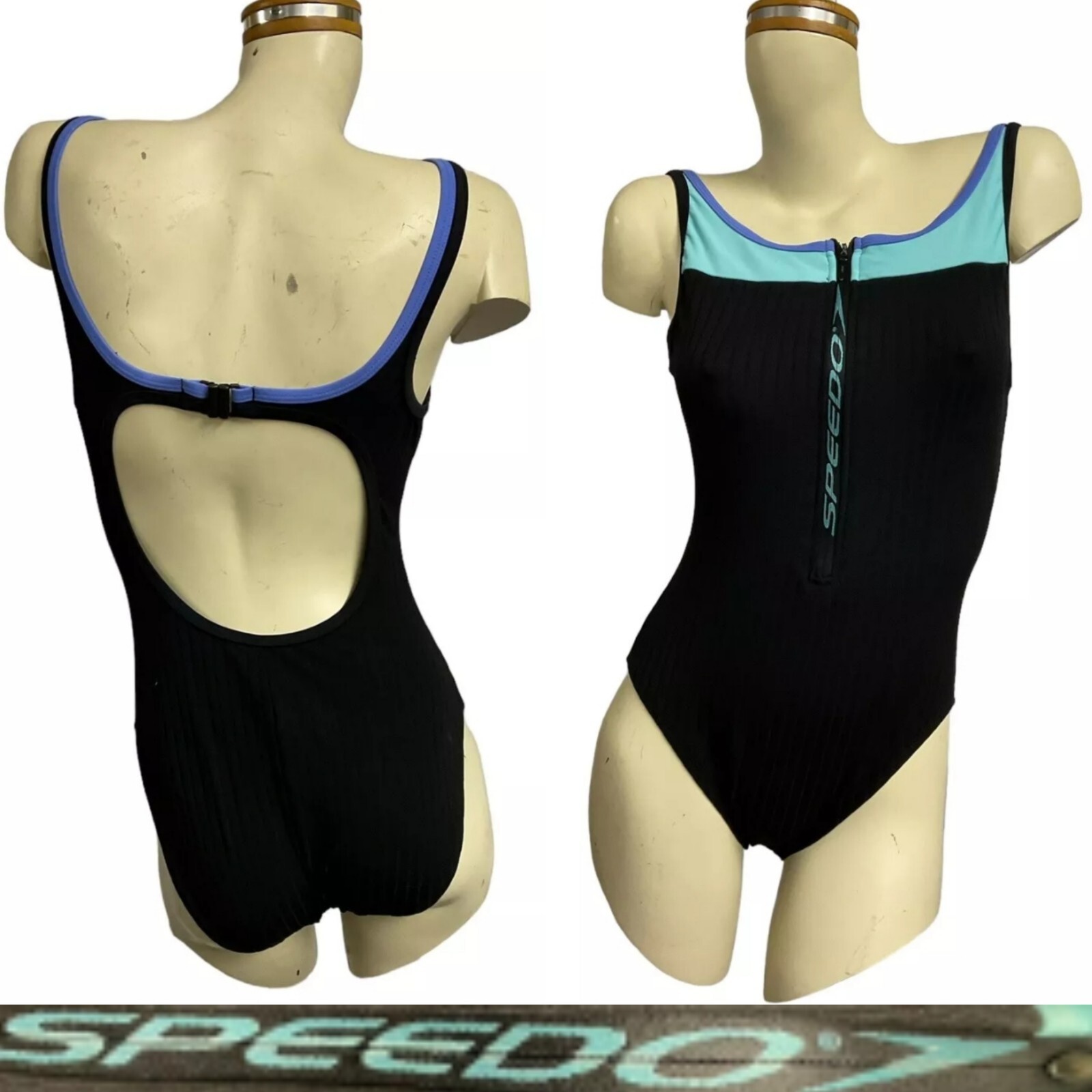 Vtg 80s 90s Swimsuit M/L One Piece Blue Black Speedo Zipper Plunge High Leg