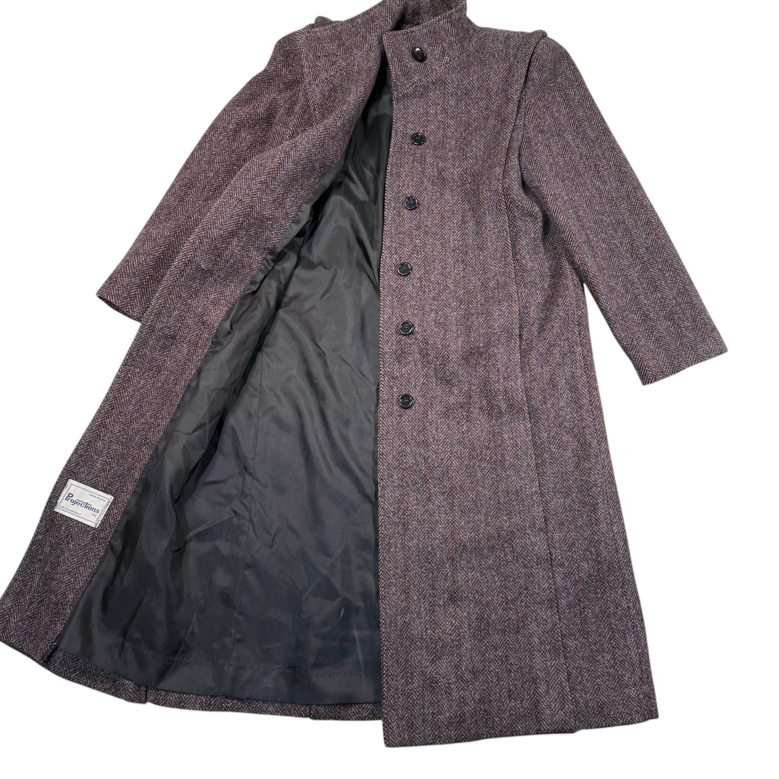 Vintage Projections Ltd Herringbone Wool Long Coat Funnel Neck Union Made USA M