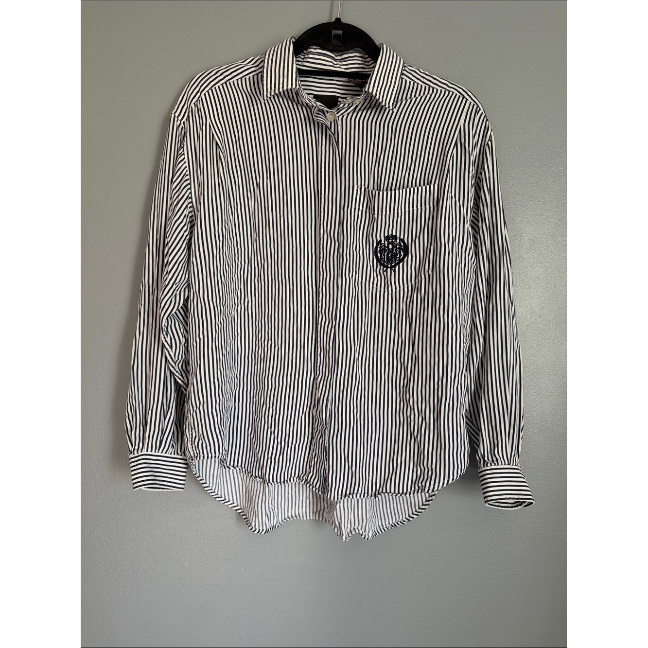 Vintage LizSport Striped Button Down Shirt Embroidered Crest Pocket Medium