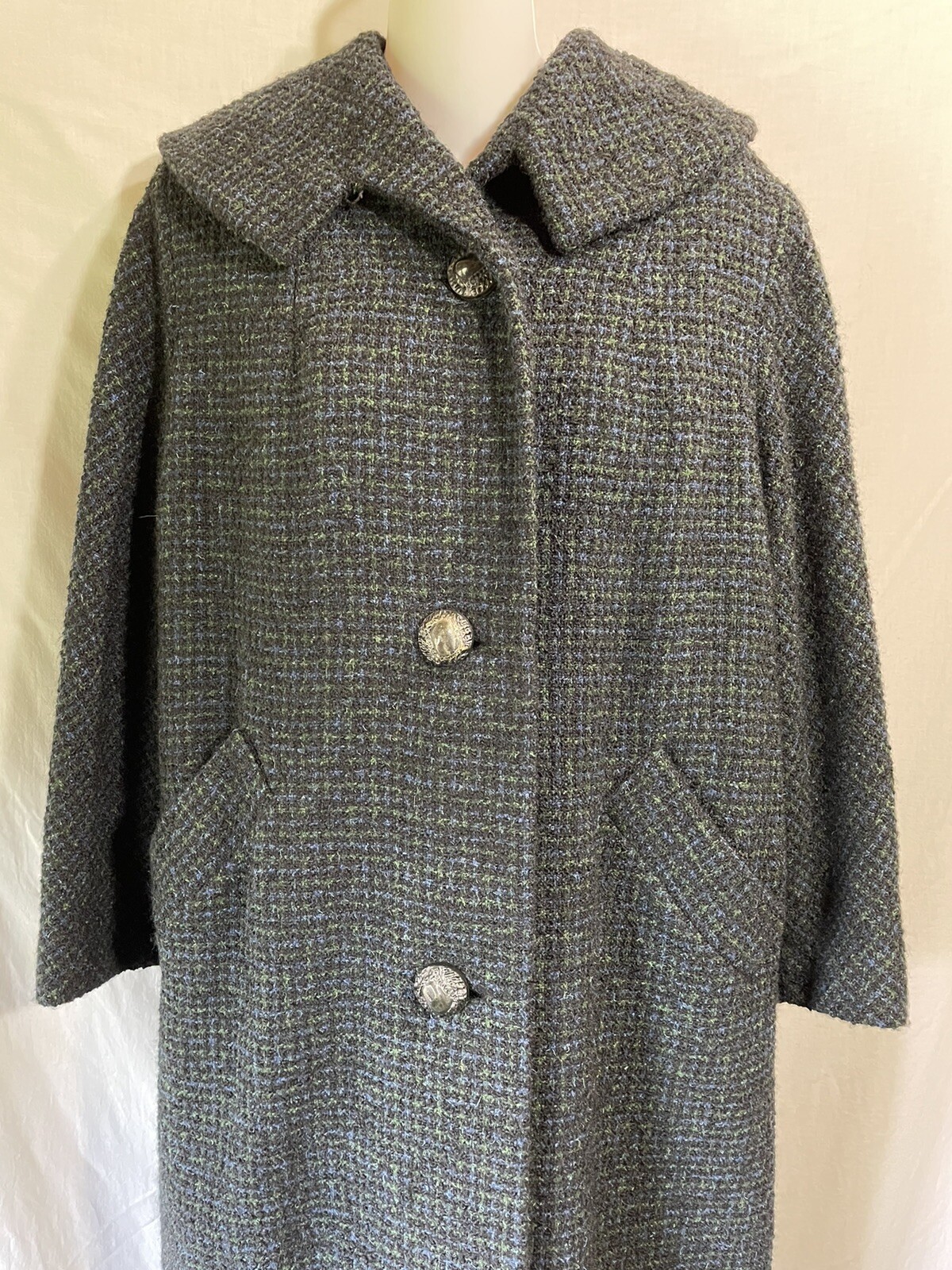 Vintage Coat Size Medium Large Long Wool Black Blue Green Gingham Overcoat M L