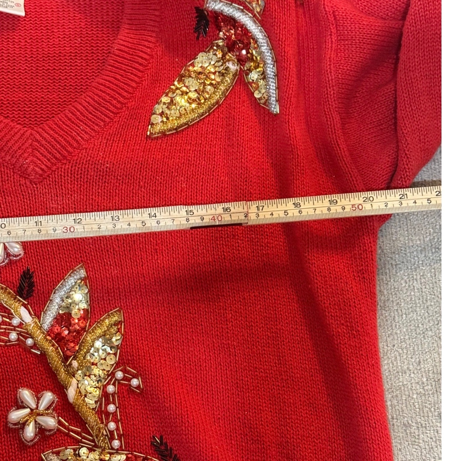 Kitschy Retro Vintage Western Connection Red Sweater Sequin Pearl Embellished S