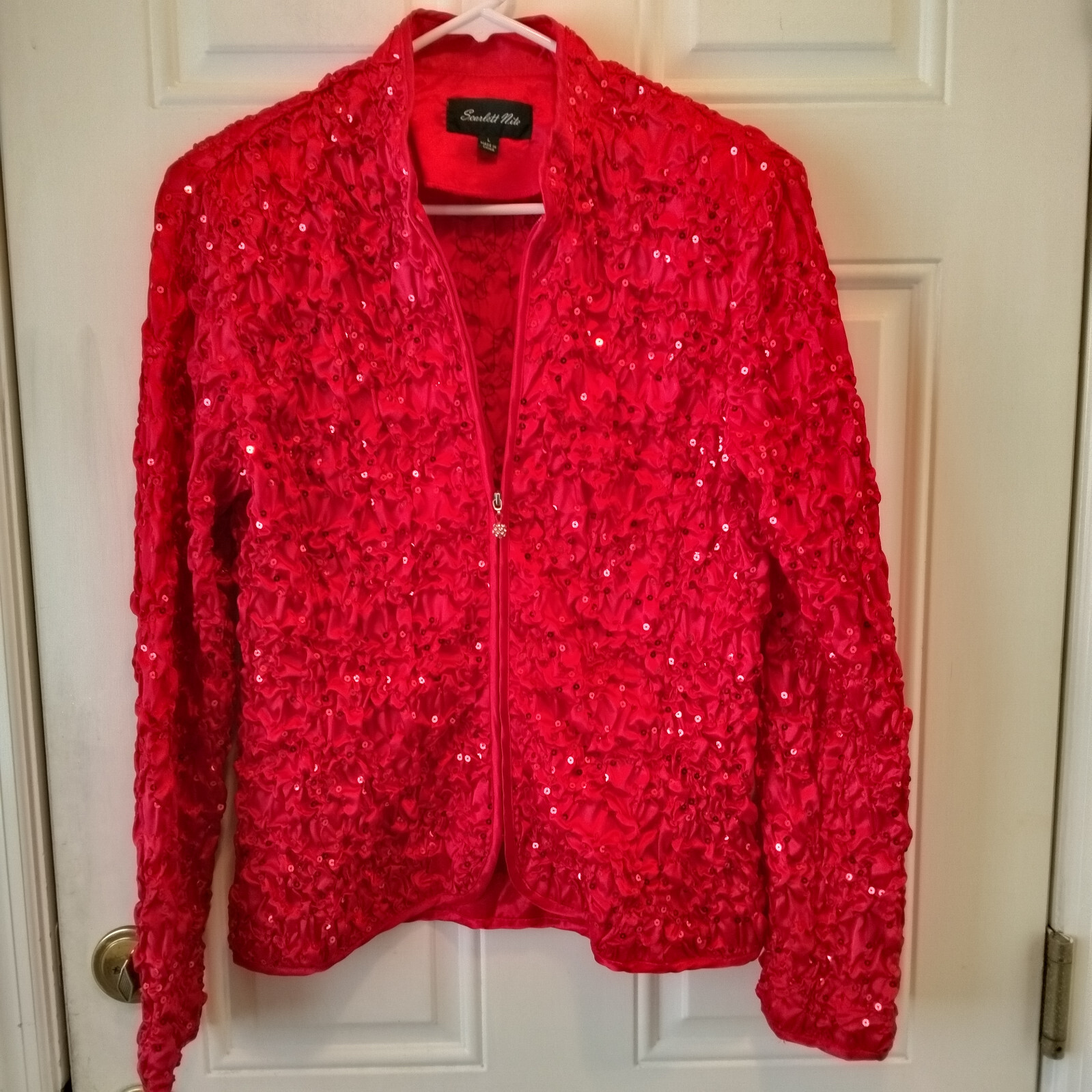 Vintage 80s Scarlett Nite size L Red Satin look Sequined Zip-Up Jacket LOL46