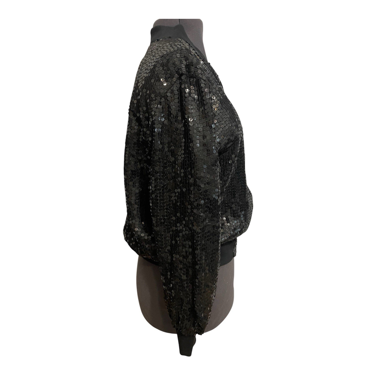 Vintage Cee Cee Silk Sequins Bomber Jacket Medium Black Glam Rock Boho Disco 80s