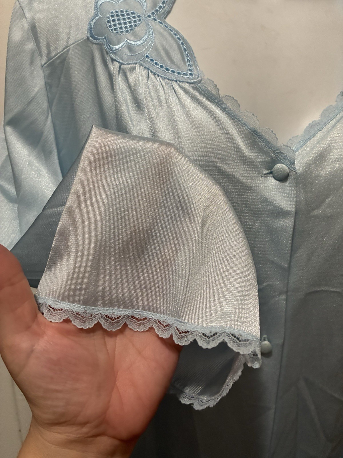 Vintage VASSARETTE Peignoir Robe ONLY Blue Appliqué 100% Nylon Petite L 14 16