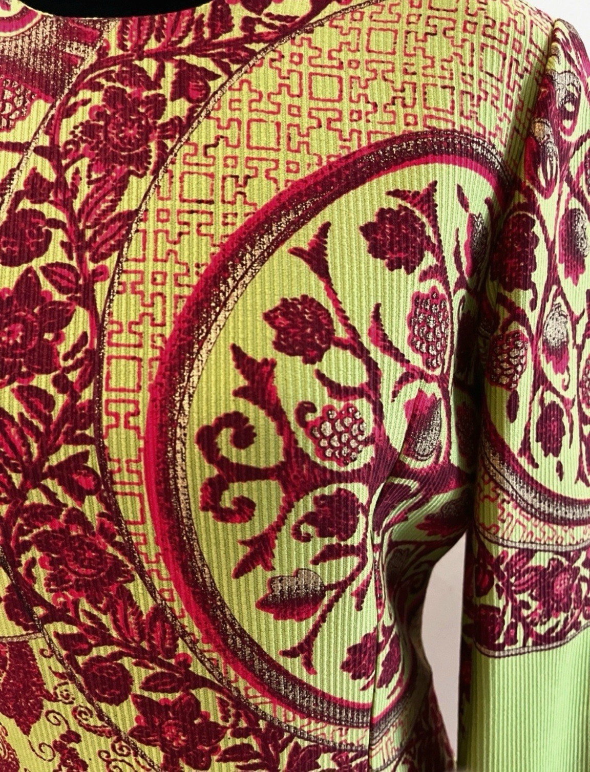 Vintage VERSACE Green & Red Floral Long Sleeve Dress, Made In Italy, Signed