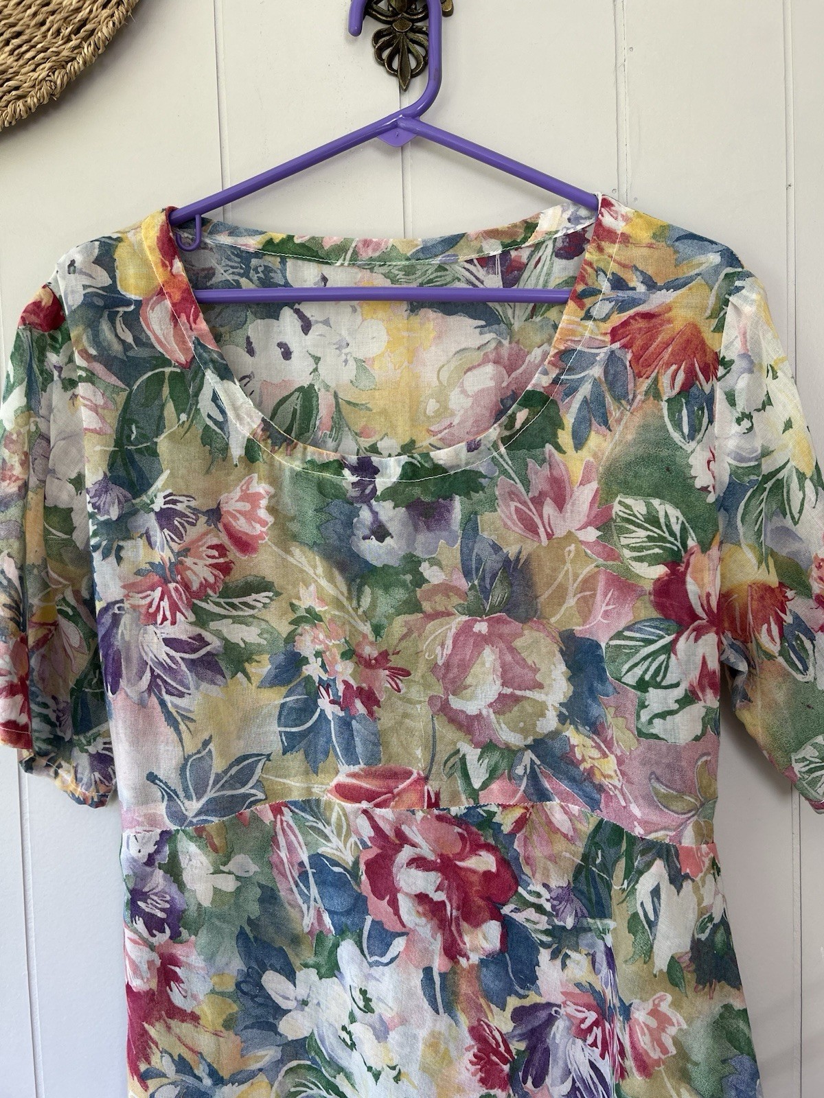 Vintage 90s Watercolor Floral Maxi Dress Sheer Chiffon Kimono Sleeve Boho M L