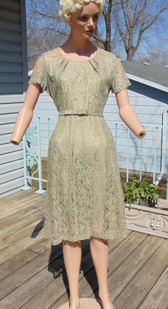 VTG 50s Sage Green Chantilly Lace Dress 28W Petite Union Label