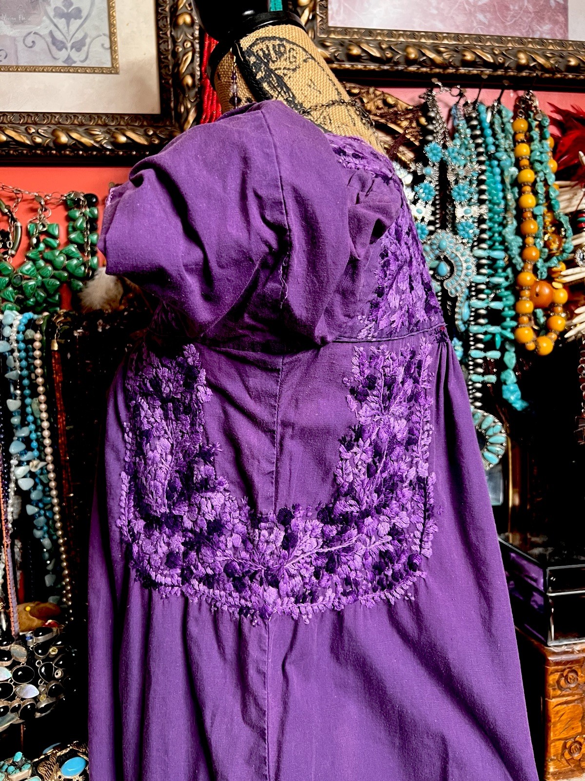 Gorgeous 1970s Oaxaca Mexico Purple Long Sleeve Dress Multi Embroidery M