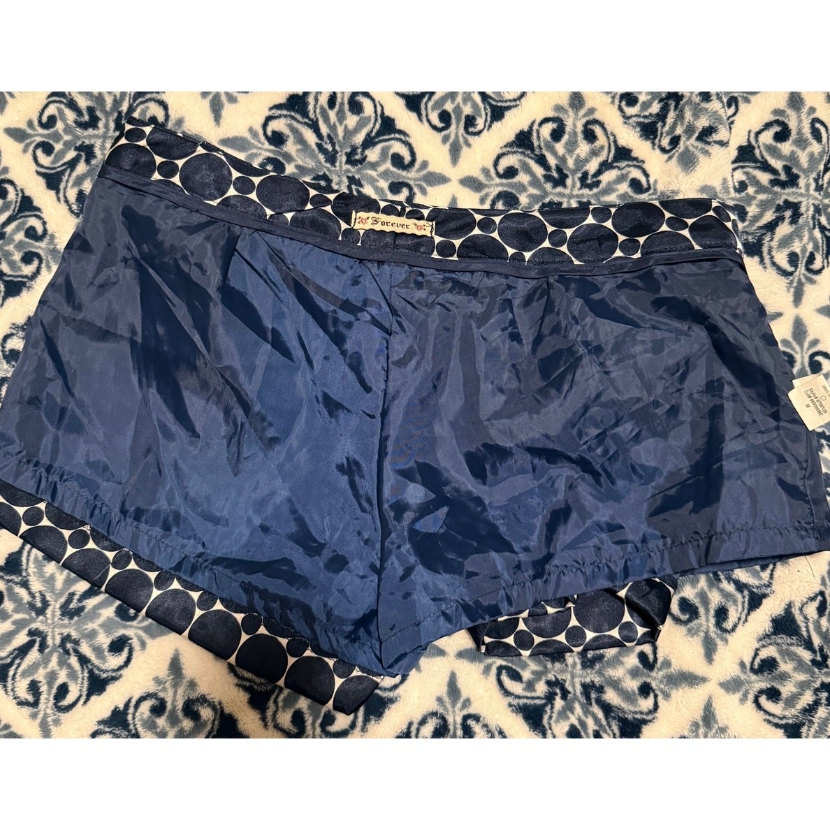 Y2K Forever 21 Satin Micro Mini Polka Dot Geometric Shorts Navy Vintage 2000s S