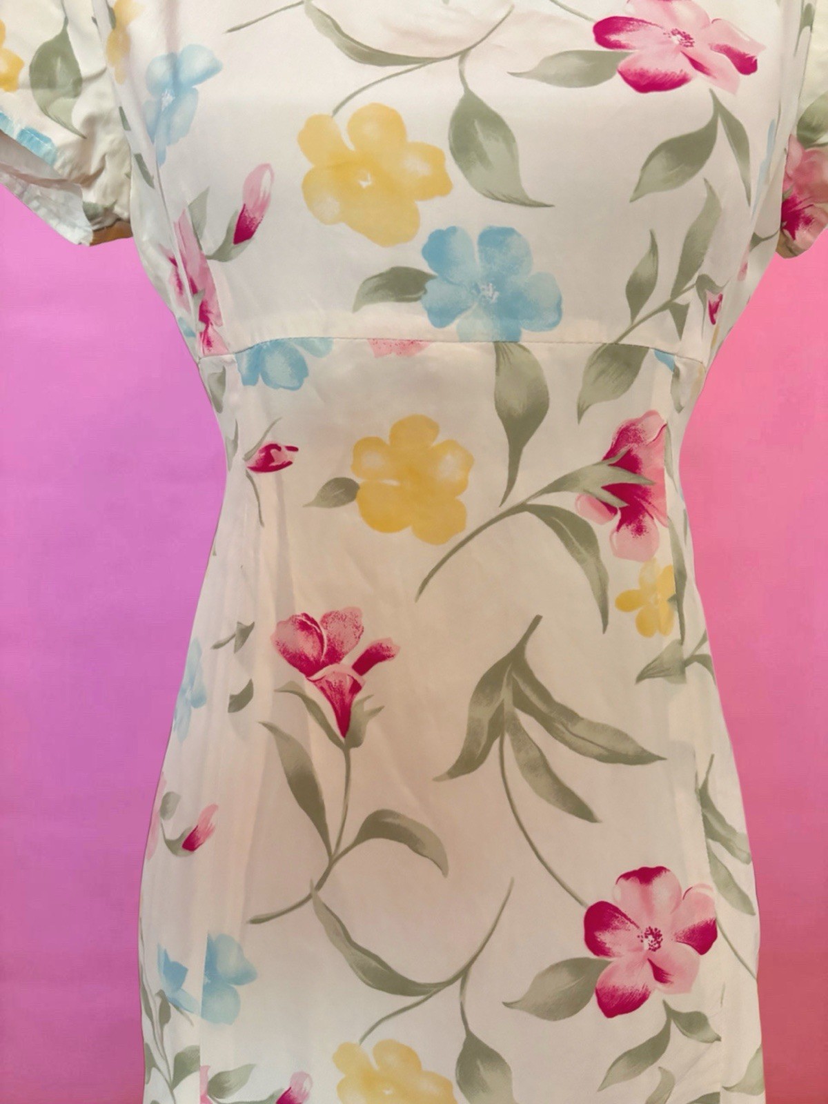 Vintage 80s 90s Patrick Petite 100% Silk Butter Yellow Pink Floral Maxi Dress 6P