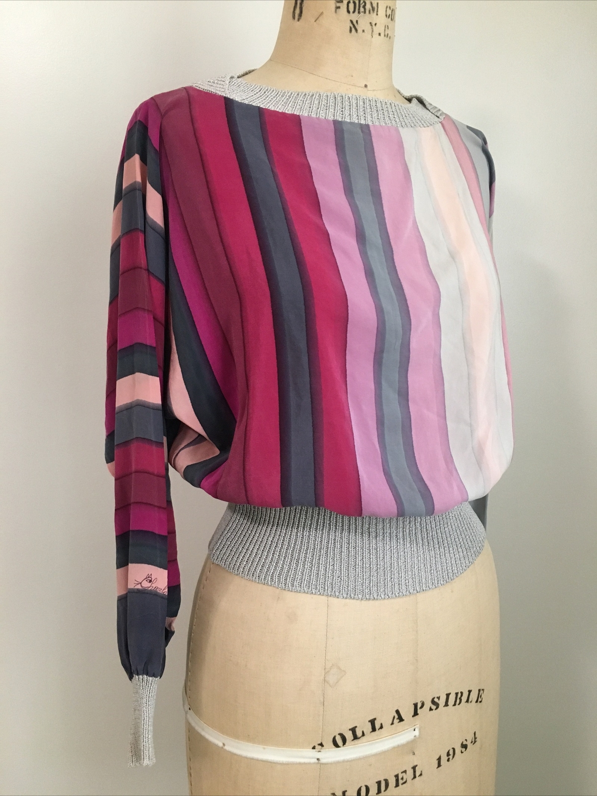 CHARLOTTE WASHED SILK STRIPED BLOUSE DOLMAN SLEEVE VINTAGE