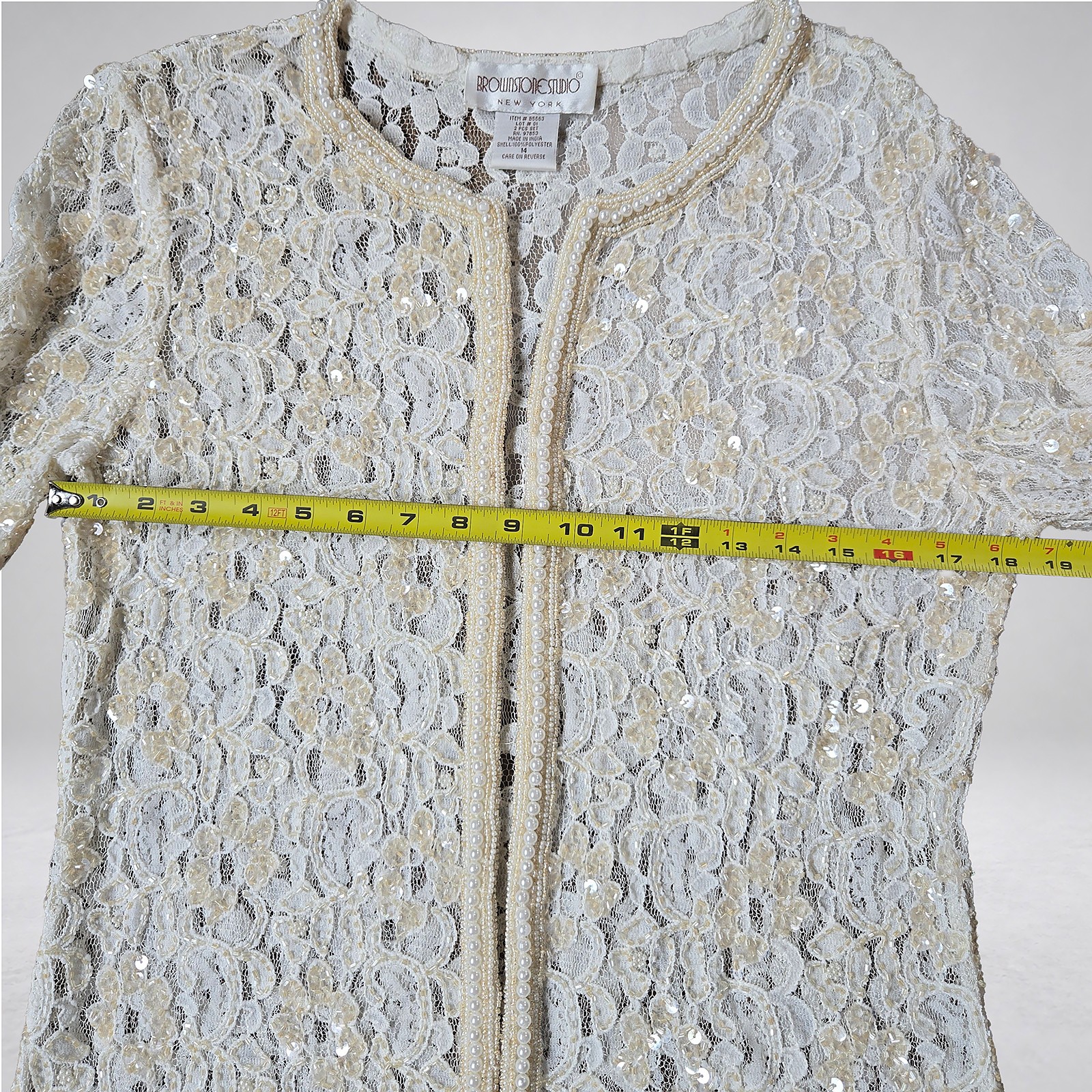 Brownstone Studio New York Lace Jacket Ivory Pearl Trim Sequin Size 14