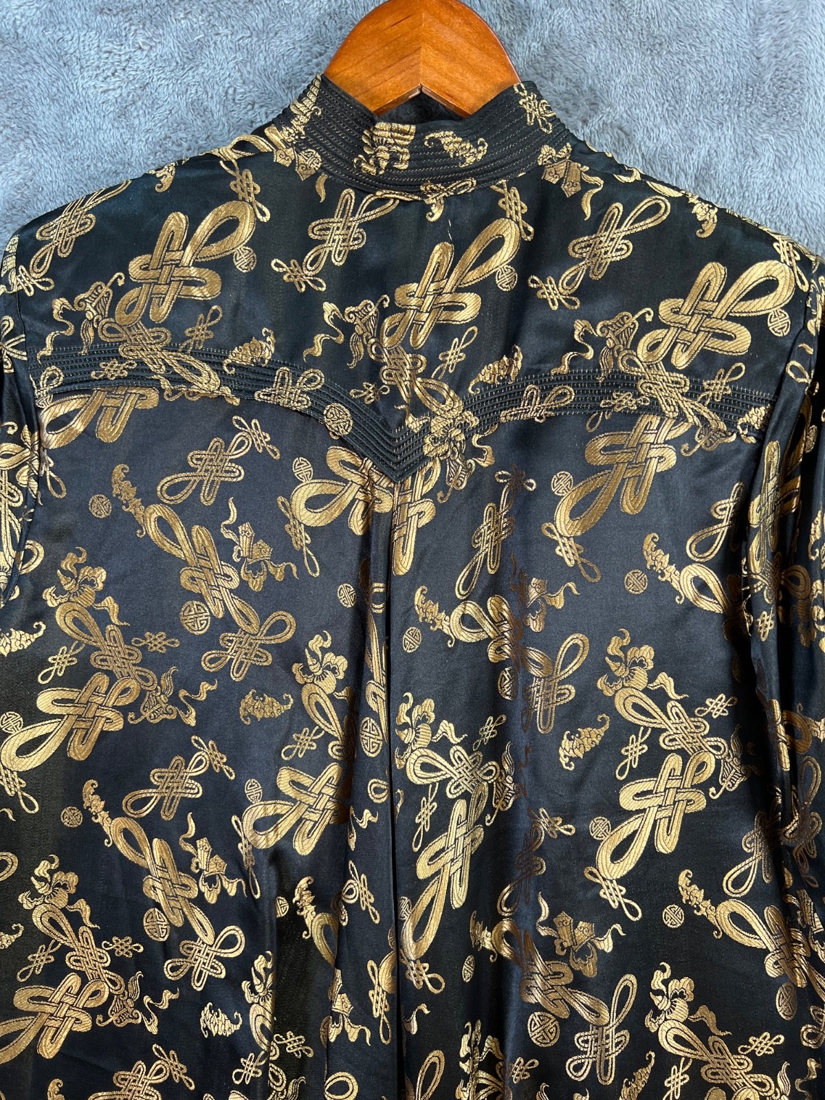 Dynasty Hong Kong Silk Jacket 16 20×28 Black Gold Mandarin Frog Closure Vtg 60s*