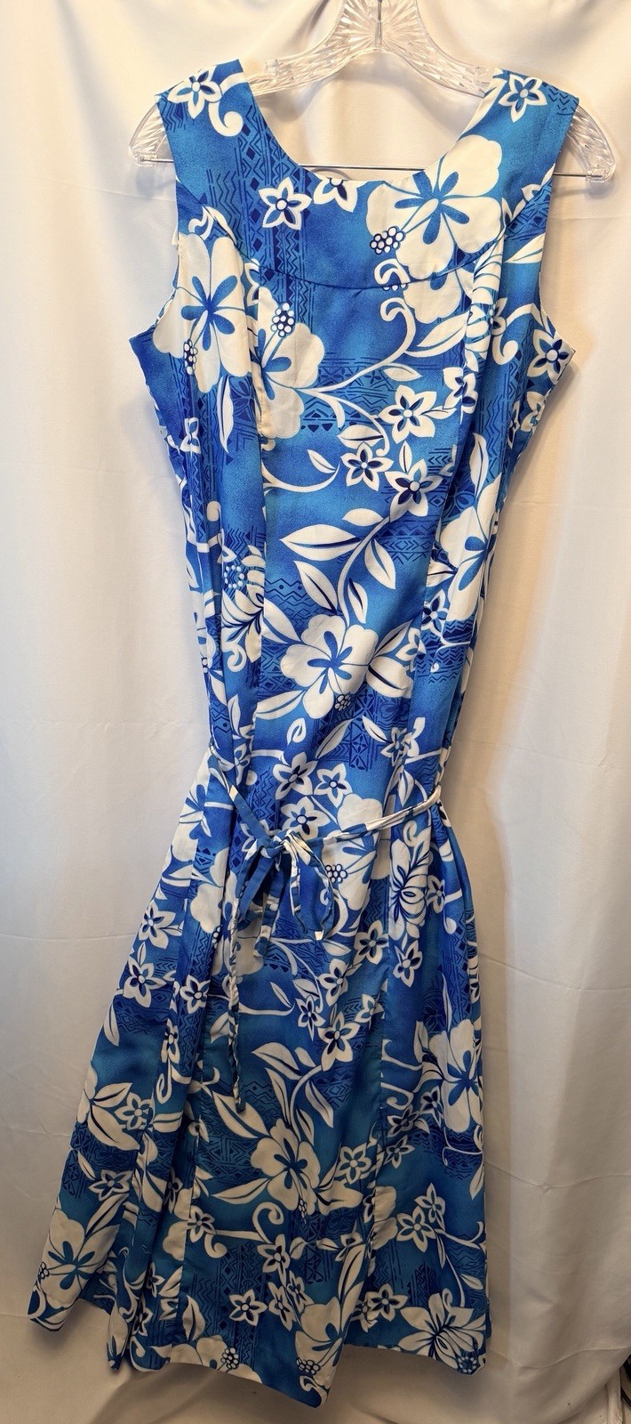 Vintage Pomare Hawaii Women’s Size 14 Tie Front Maxi Dress Blue White Tropical