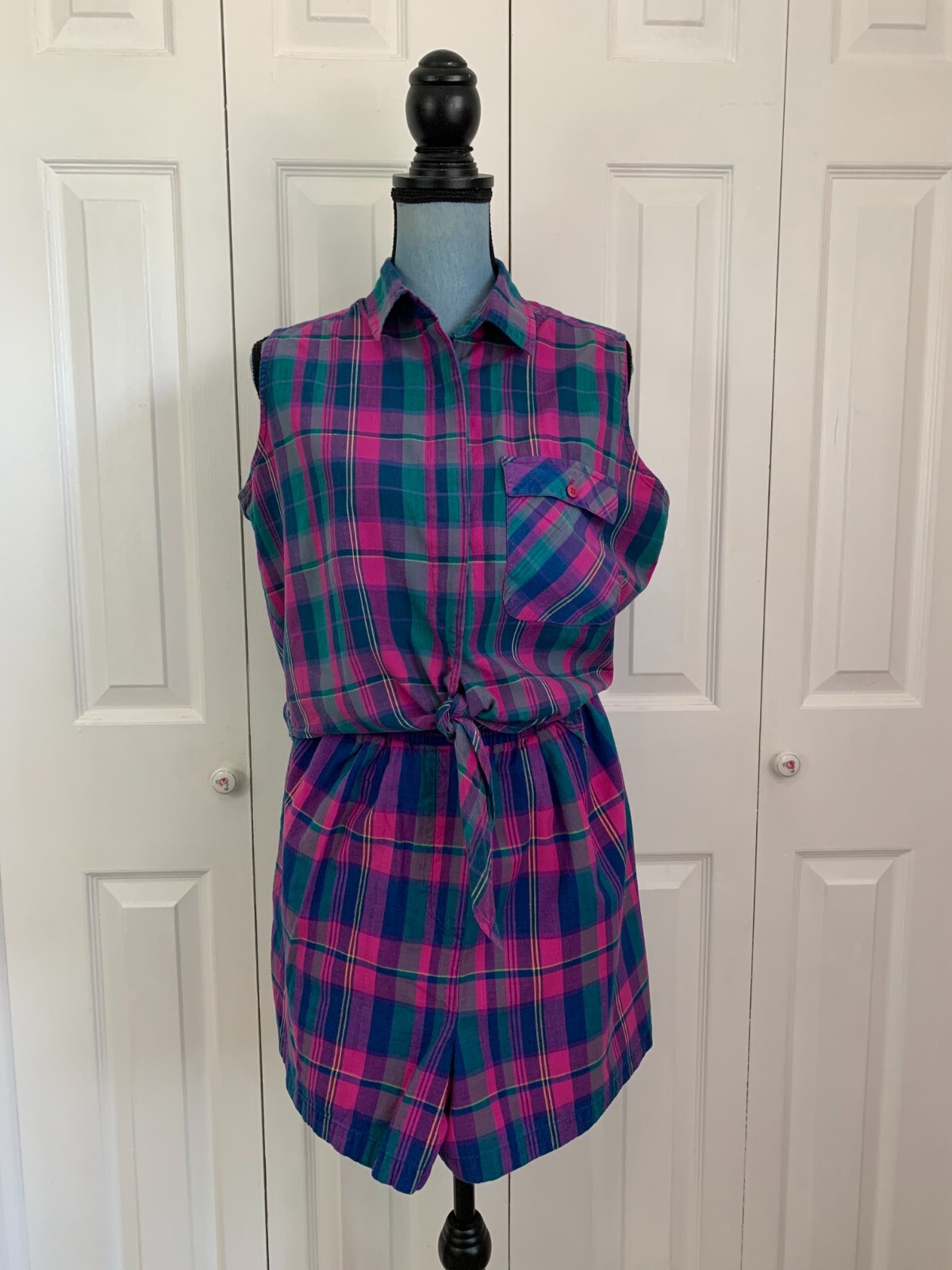 Vintage 1990’s Trend Basics 2 Piece Short Set Cropped Plaid Pink Purple M/L