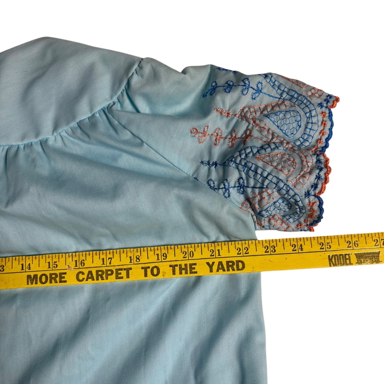 Vintage Light Blue Embroidered Button Front House Dress Robe Pockets Retro L