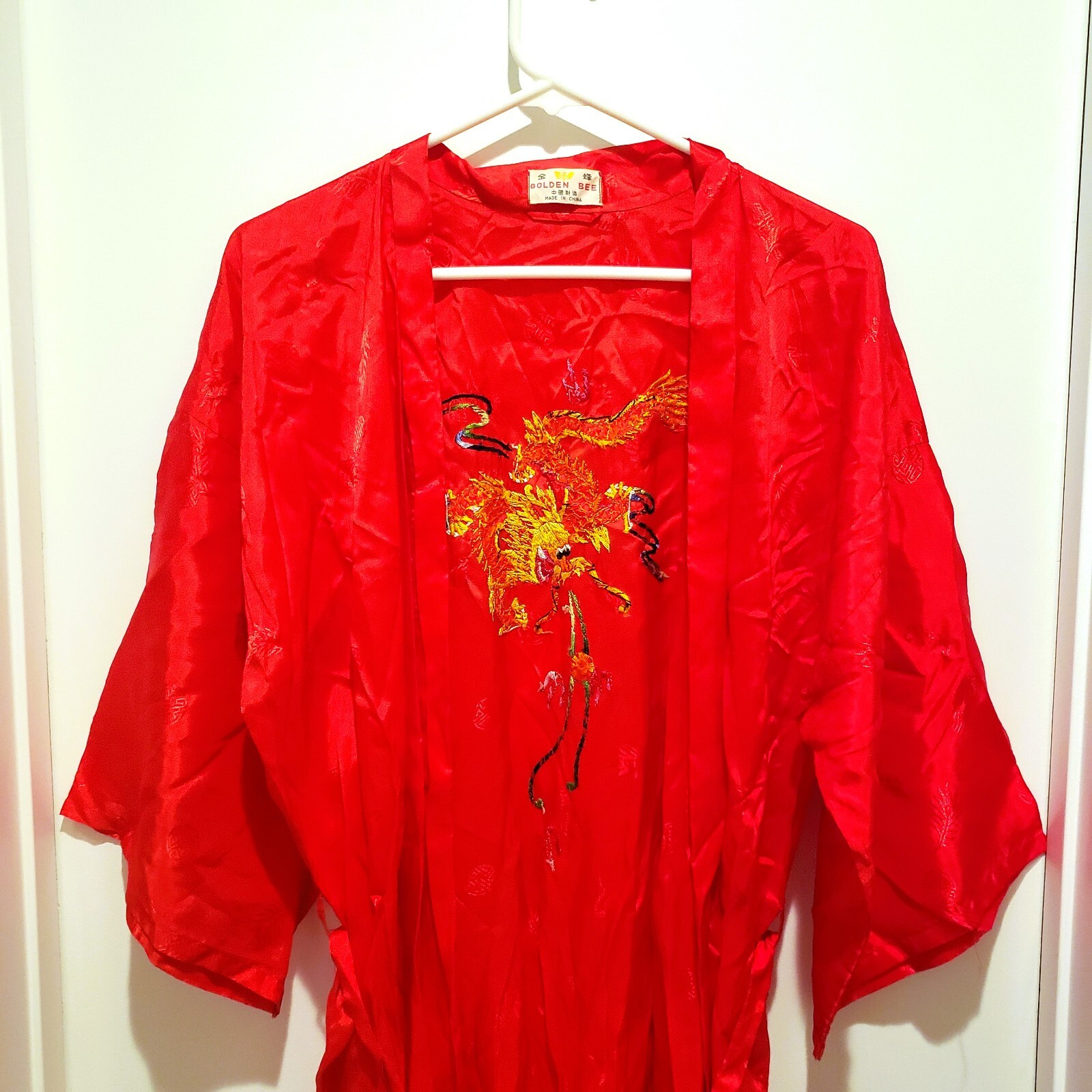 Golden Bee Red Robe Jacket Embroidered Golden Dragon Kimono Long Tie Large READ