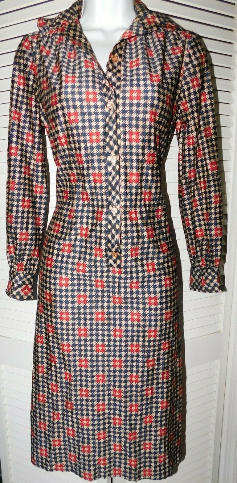 Unbranded Vintage Womens Dress Size M Multicolor Button Front Hounds Tooth 1970s