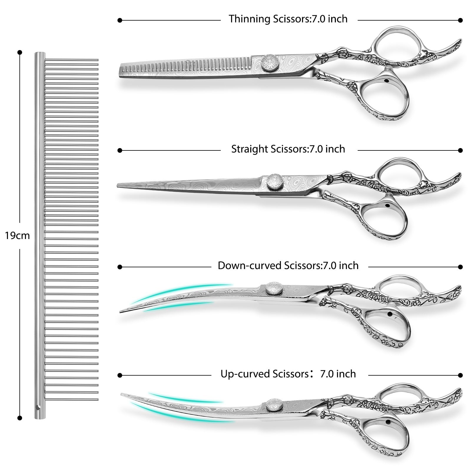 CITYWISH Dog Grooming Scissors,Silver with Safety Round Tips,5 in 1 Curved Dog S