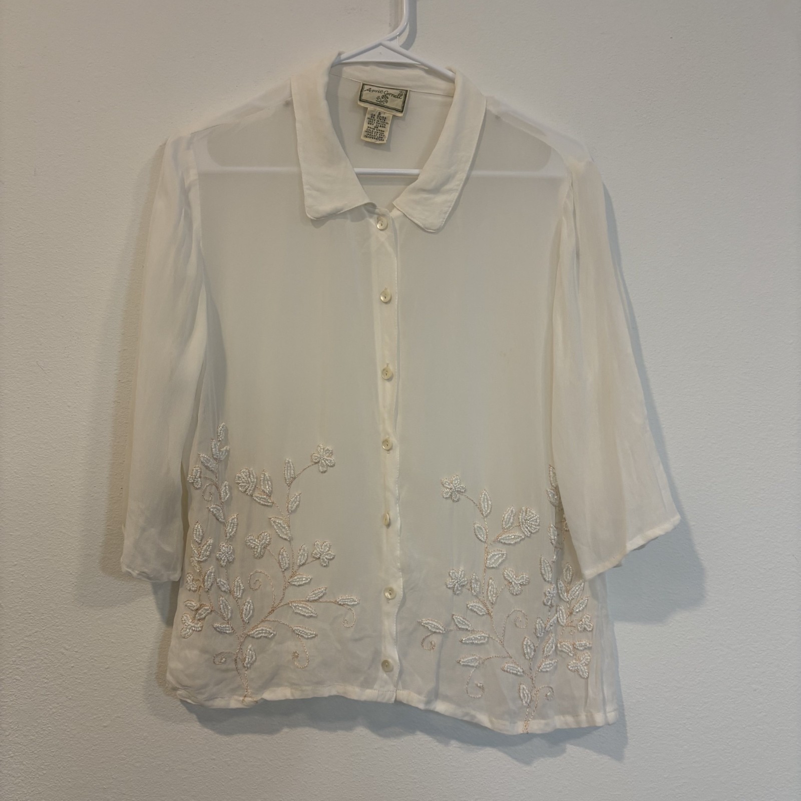 Vintage April Cornell Embroidered Rayon Blouse Womens S White Floral Cottagecore