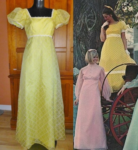 Vtg 70s Organza Chiffon Yellow Polka Dot Empire Prairie Wedding Maxi DRESS GOWN