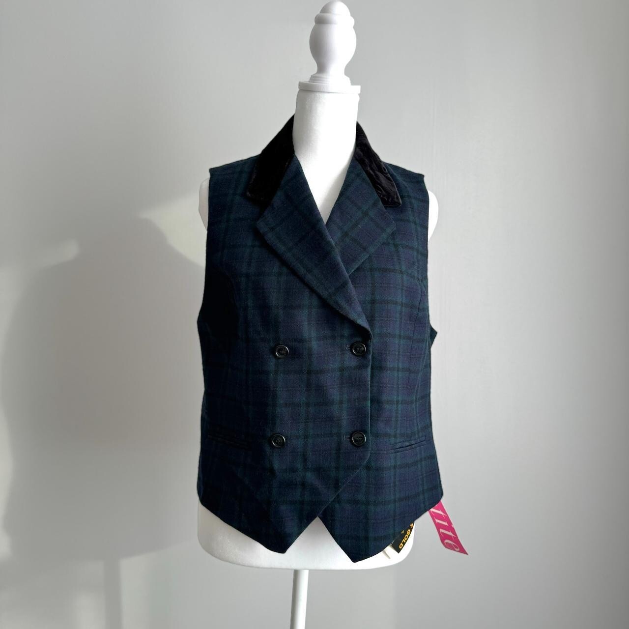 Giorgio Sant’Angelo Tartan Plaid Wool Vest Velvet Collar Double Breasted Sz M