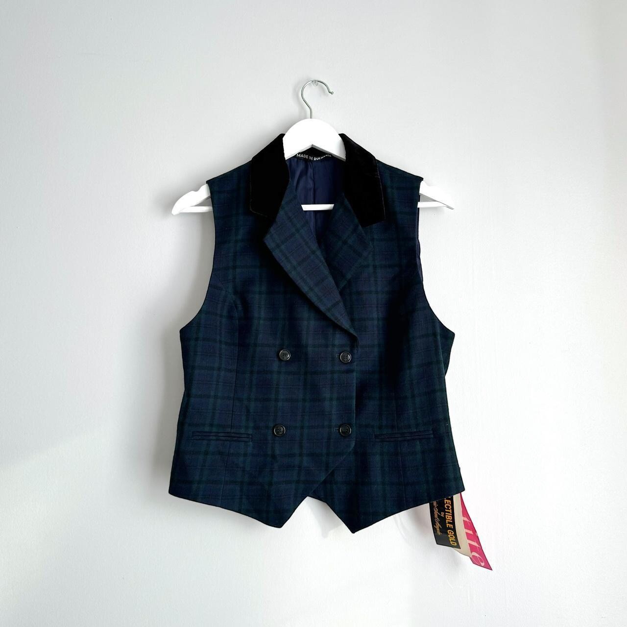 Giorgio Sant’Angelo Tartan Plaid Wool Vest Velvet Collar Double Breasted Sz M