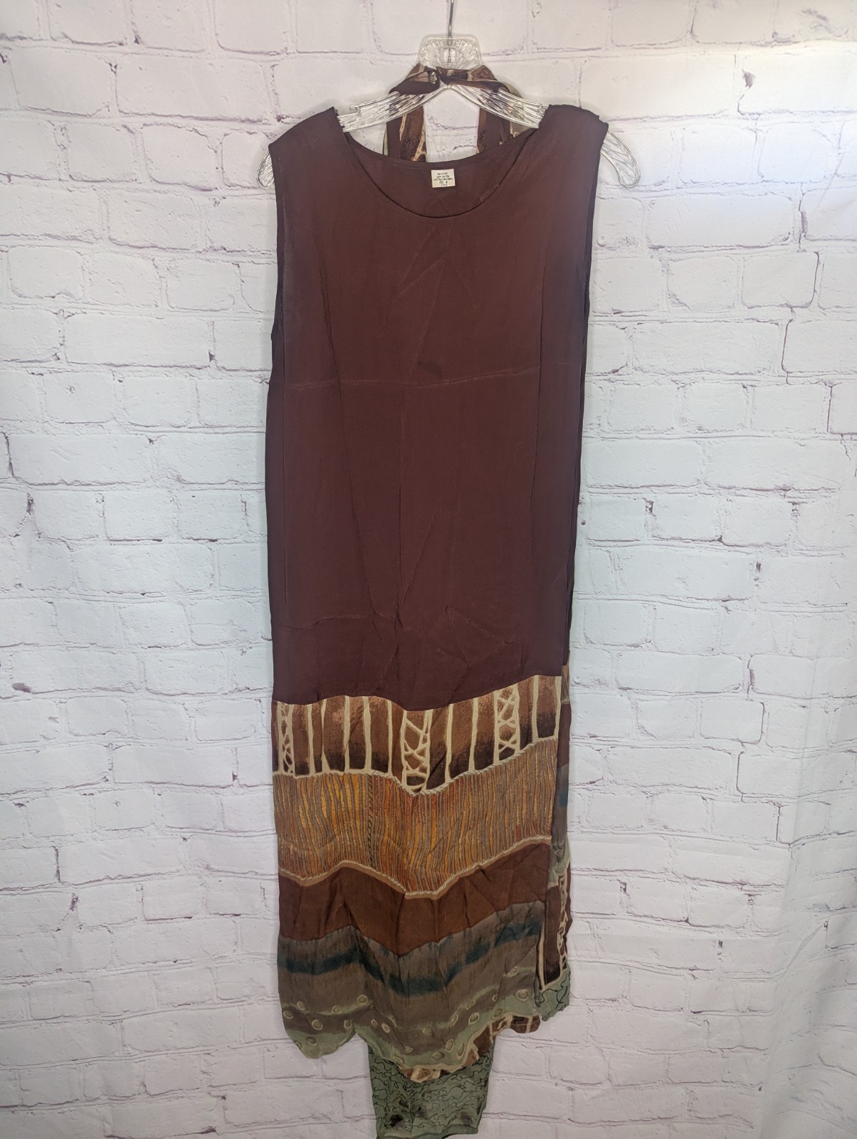 ASHRO 2 Piece Long Dress/Duster Jacket Set Brown Green Copper Size M