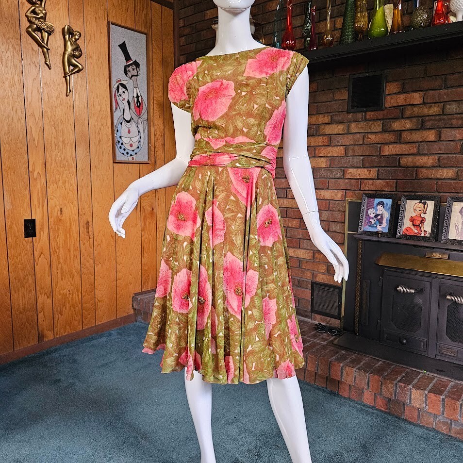 Vtg 40s Chiffon Pink & Green Impressionist Floral Full Swing Skirt w/ Bolero M