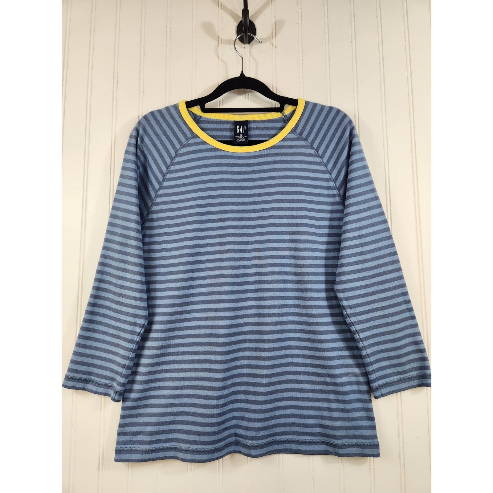 Vintage Gap Blue Striped Raglan 3/4 Sleeve T-Shirt Yellow Ringer XL Y2K 90s