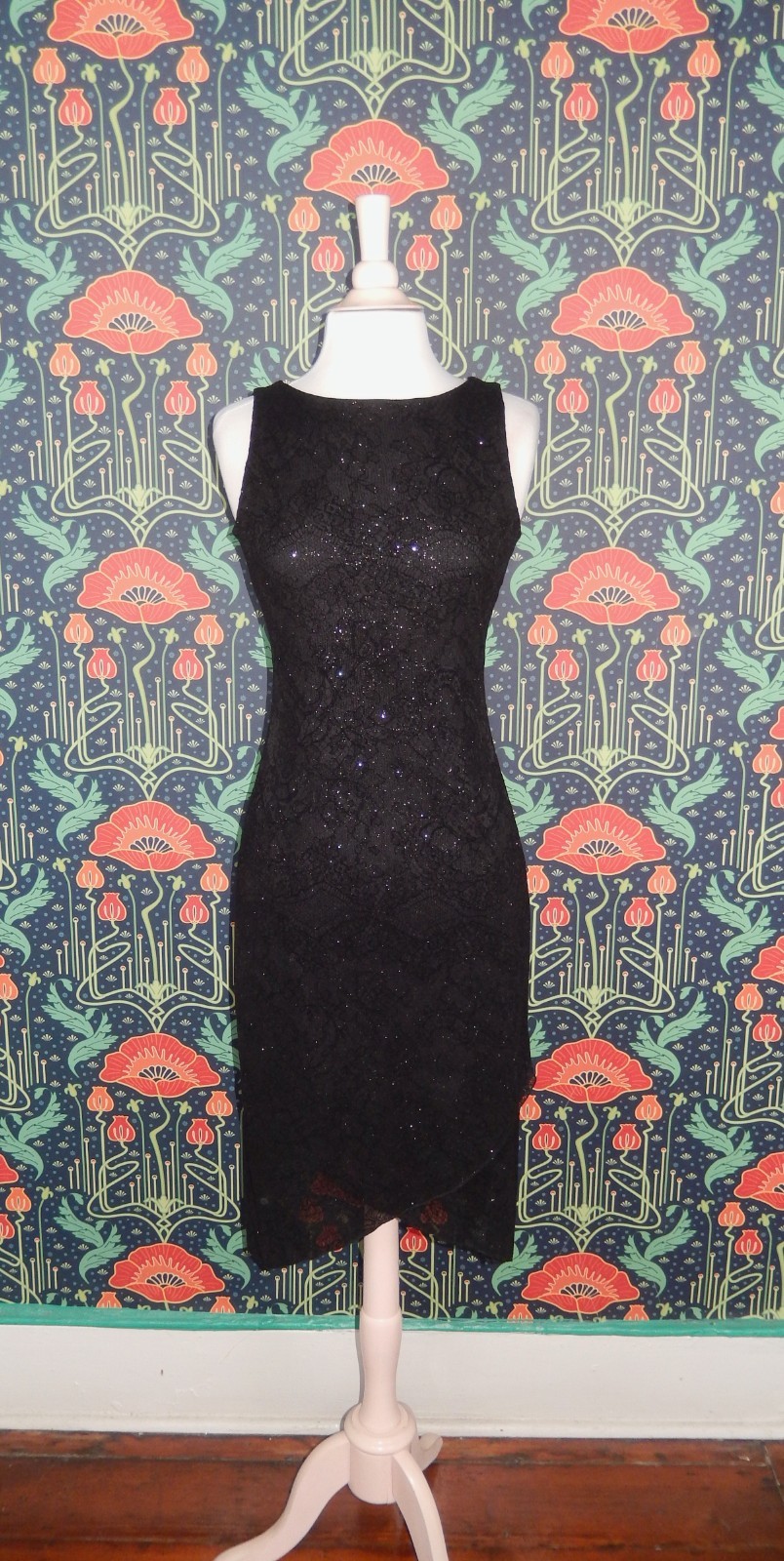 Vintage 90&rsquo;s Y2K Cocktail Dress Black Whimsigoth Flocked Velvet Glitter