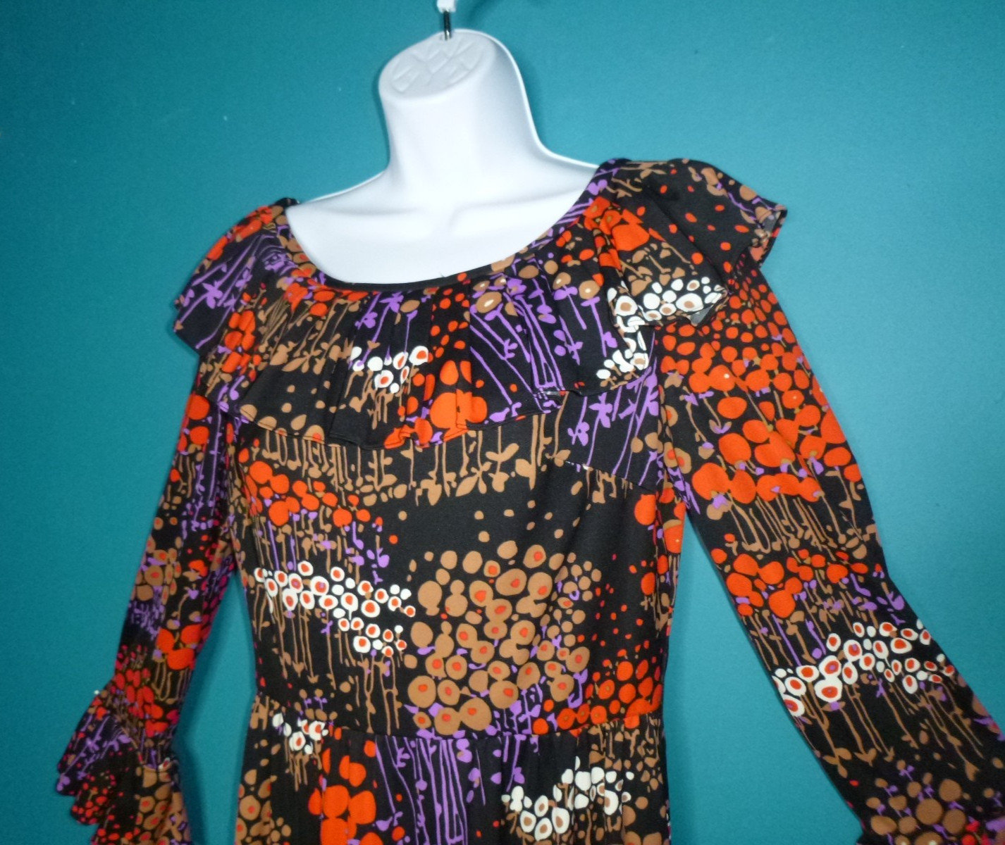 Vtg 70s Dynasty Stretch Poly MOD Maxi Dress Stylized Floral Sz S/M Hong Kong