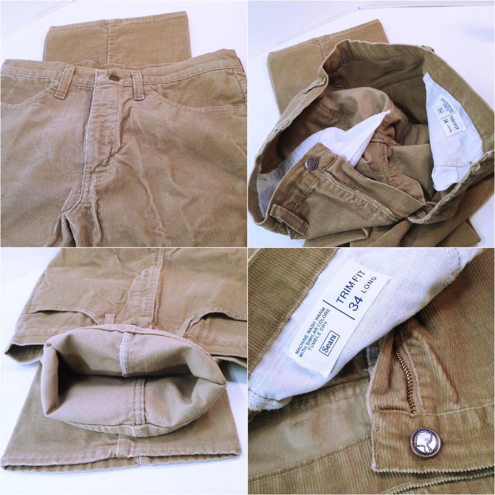 Vintage 70s-80s Sears Trim Fit Corduroy Pants 34-Long Western Bootcut Flare Tan