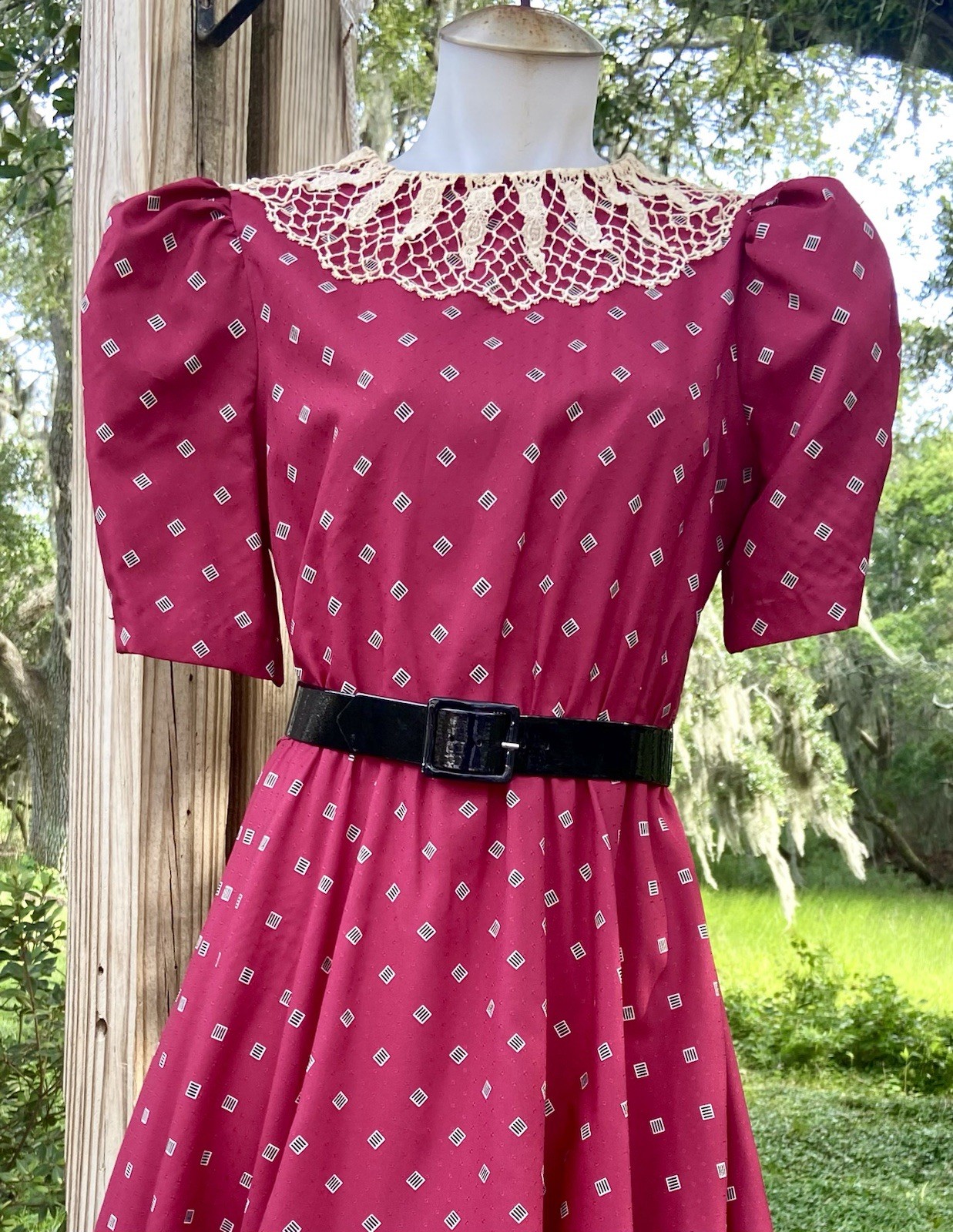 Vintage 70s Prairie Dress Jerell of Texas Burgundy Cottage Sz XS 0/2 Lace Collar