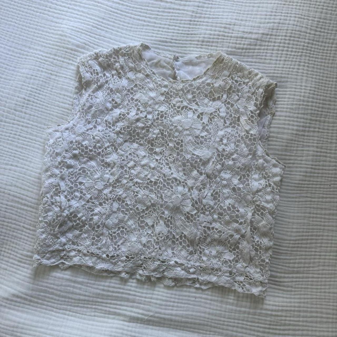Antique Handmade Irish Crochet Lace White Floral Crop Top Blouse Edwardian