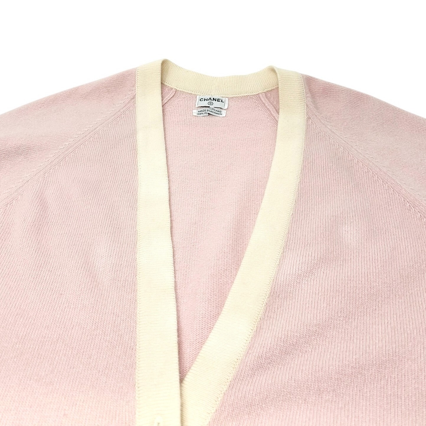 CHANEL Vintage CC Mark Logo Cardigan Pink Cream Cashmere Button Pockets Sweater