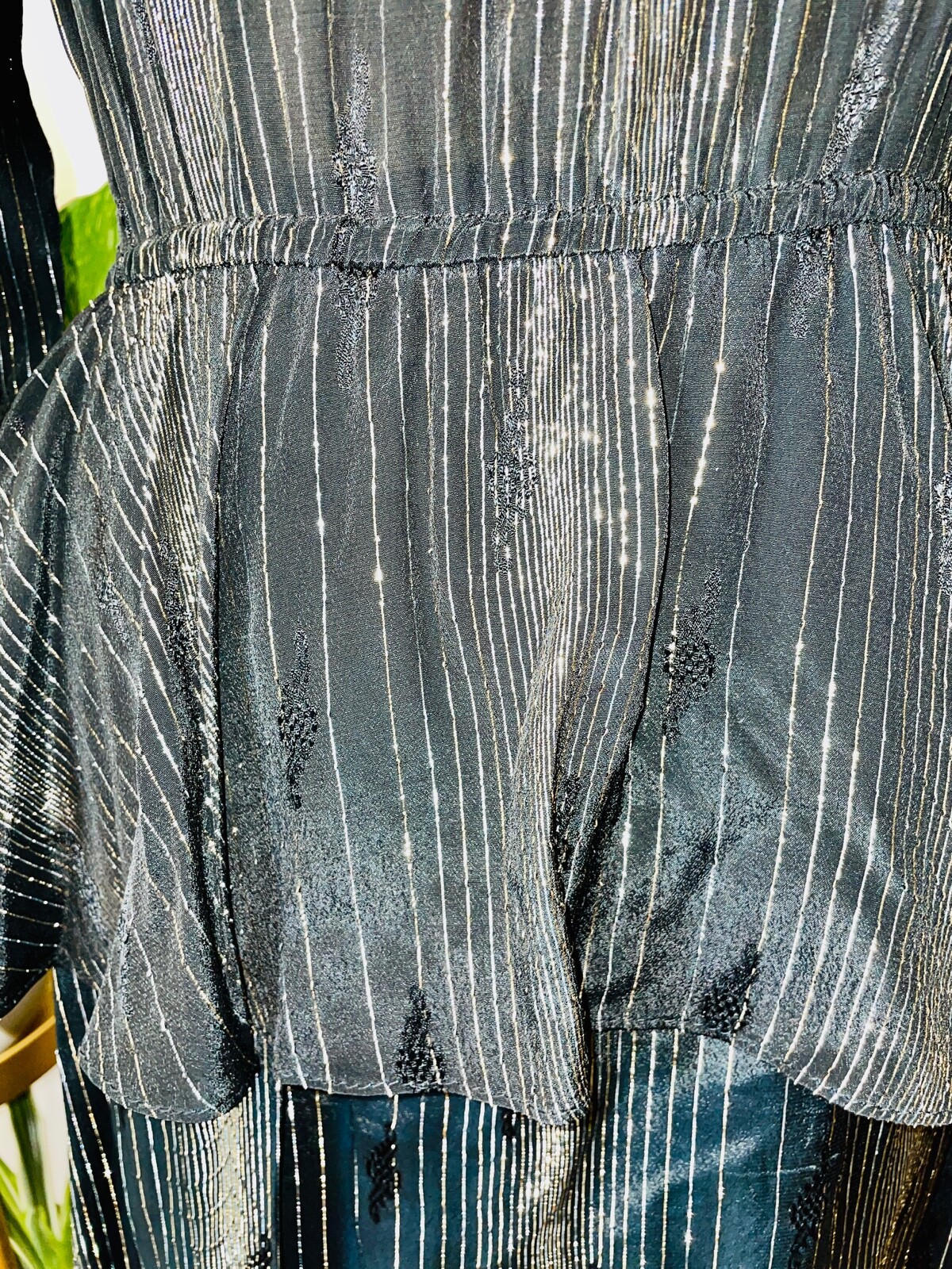 VTG 70&rsquo;S S NANCY BRACOLINI SHANGRI-LA METALLIC GOLD&SILVER STRIPE PEPLUM DRESS*S